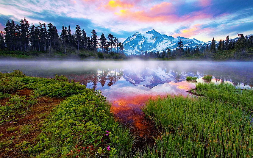 Jezioro w stanie Waszyngton, drzewa, chmury, niebo, woda, góry, zachód słońca, usa Tapeta HD