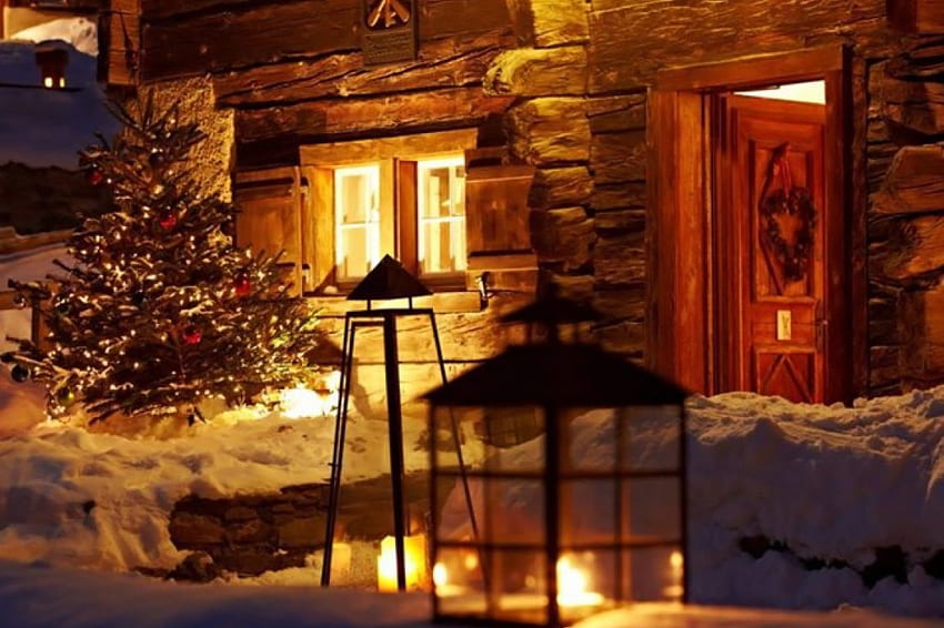 Winter nights of Christmas holidays, night, winter, holidays, lanterns, tree, xmas, magic nights, snow, lights, christmas, romantic HD wallpaper