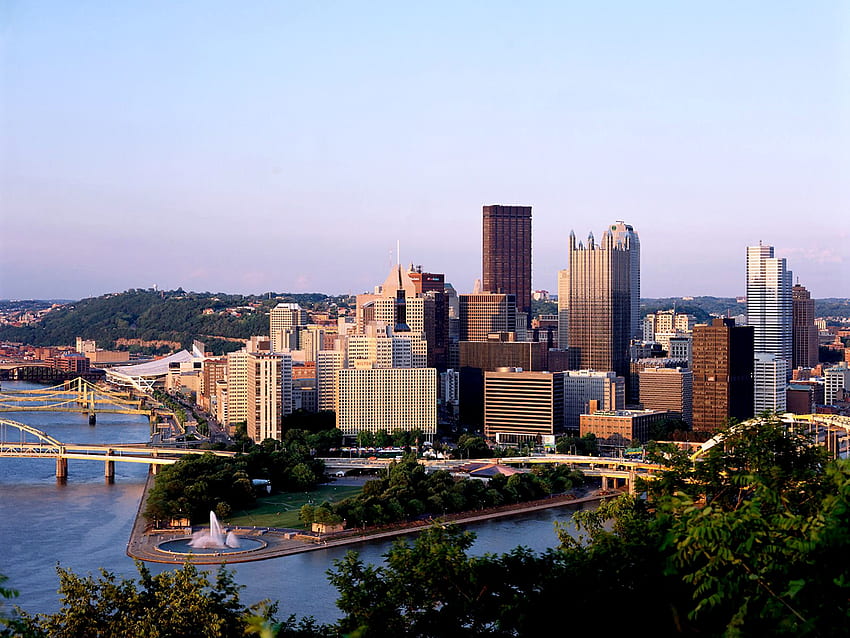 Pittsburgh From Duquesne Heights, architektura, grafika, USA, piękny, pejzaż miejski, sceneria, szeroki ekran, Pensylwania, Pittsburgh, woda, rzeki Tapeta HD