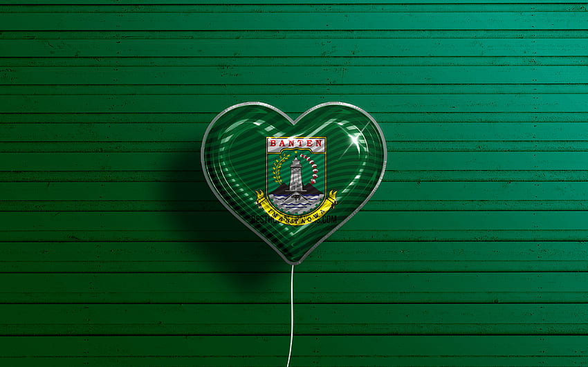 I Love Banten, , 現実的な風船, 緑の木製の背景, バンテンの日, インドネシアの州, バンテンの旗, インドネシア, フラグ付きバルーン, インドネシアの州, バンテンの旗, バンテン 高画質の壁紙