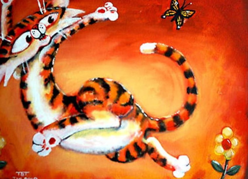Playful Kitty, tiger, butterfly, art, cat, flowers HD wallpaper