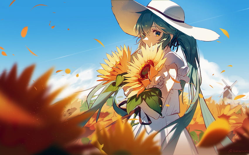 Hatsune Miku, Vocaloid, Anime-Figuren, japanischer Manga, Hatsune Miku mit Blumen, Vocaloid-Figuren HD-Hintergrundbild