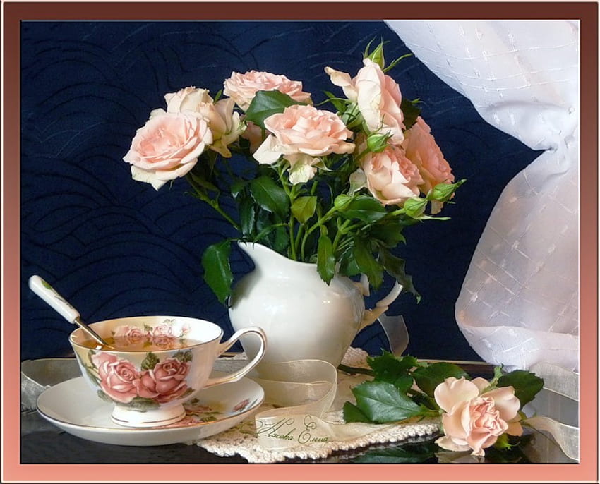 Натюрморт, цвят, чай, рози, ваза, чаша, красота, розово, природа, цветя HD тапет