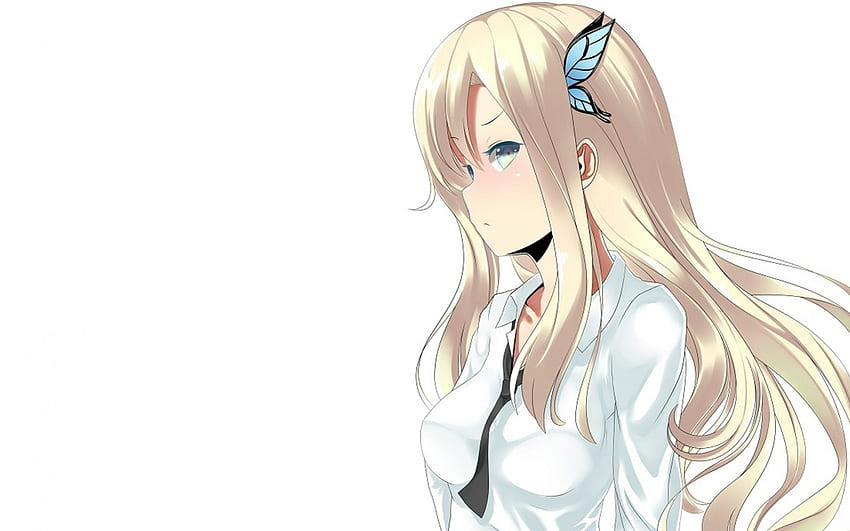 Kashiwazaki Sena, unifrom, бял фон, Kashiwazaki Sena от Boku Wa Tomodachi, дълга коса, аниме момиче, тъжна, пеперуда, руса коса, руж, прекрасно HD тапет