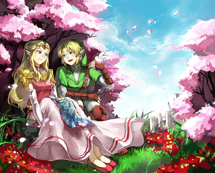 The Legend Of Zelda, lindo, hierba, linda chica, paisajes, anime, sakura, pareja, flores, cielo, cabello rubio fondo de pantalla