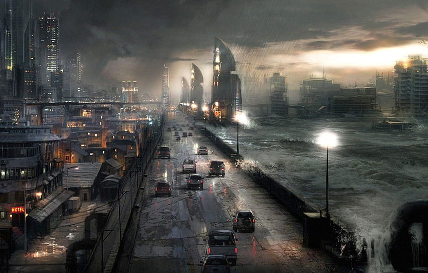 strada, macchina, notte, città, Apocalisse, tempesta per , sezione фантастика, Zombie Apocalypse City Sfondo HD