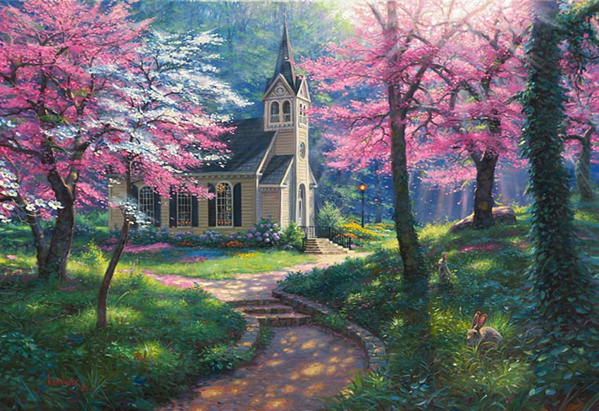 Spring's Embrace, artwork, trees, church, blossoms, painting HD ...