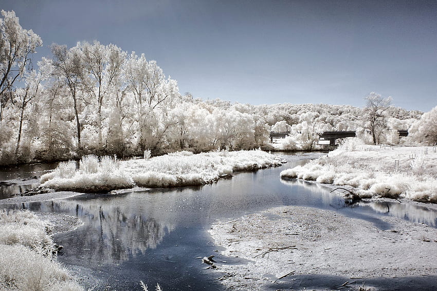 Zimowa scena nad rzeką Nektar, Niemcy, Niemcy, rzeka, przyroda, śnieg Tapeta HD