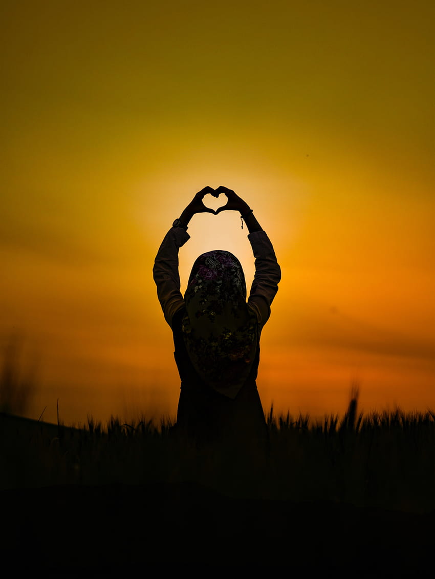 Sunset, Love, Silhouette, Girl, Heart HD phone wallpaper