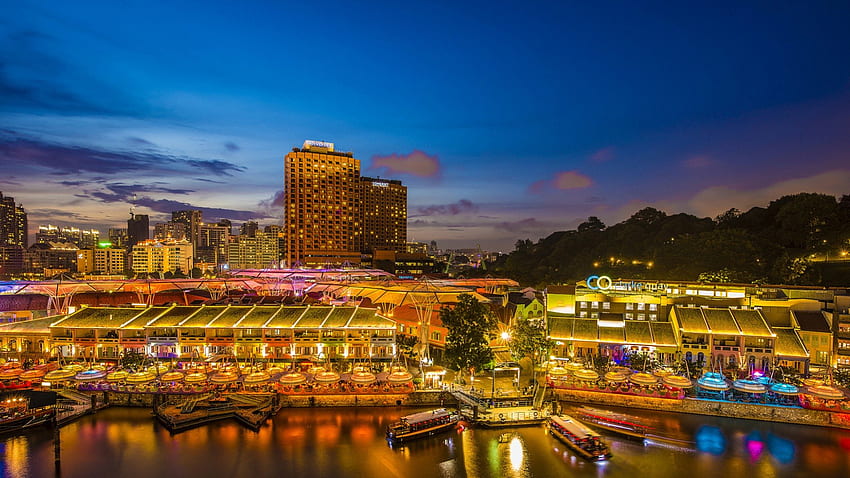 прекрасни крайречни ресторанти в Сингапур, река, чадъри, ресторанти, град, светлини, здрач HD тапет