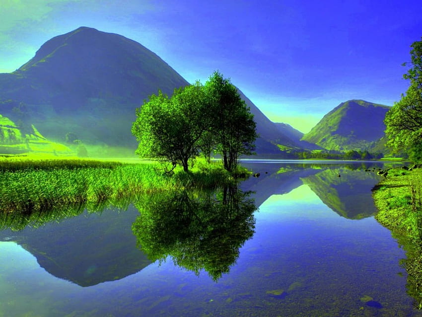 Lake Mountains, reflection, trees, nature, mountains, lake HD wallpaper