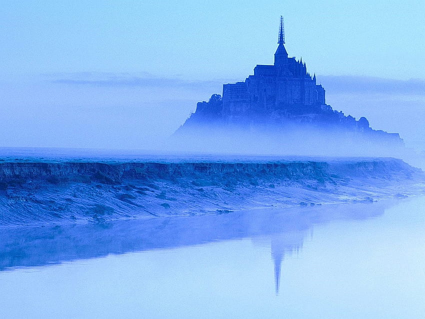 Мон Сен Мишел на разсъмване, синьо, мъгла, Франция, Мон Сен Мишел HD тапет
