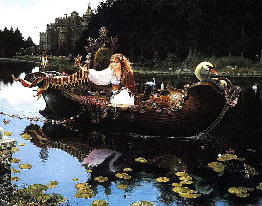 Fairy of the River, boat, waterlillies, trees, swan, frog, castle, woman HD wallpaper