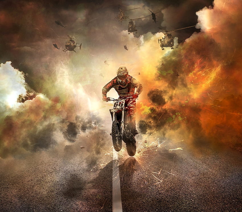 Ogień, helikoptery, motocykle, iskry, droga, motocyklista, motocykl Tapeta HD