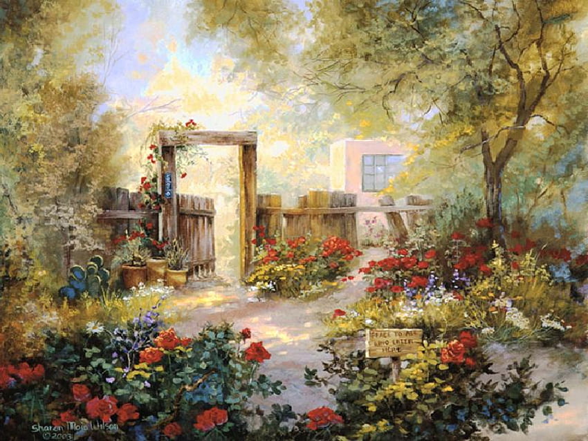 สันติแด่ทุกคนที่เข้ามา ลงชื่อ ทาสี บ้าน ประตู รั้ว ต้นไม้ สวน ดอกไม้ วอลล์เปเปอร์ HD