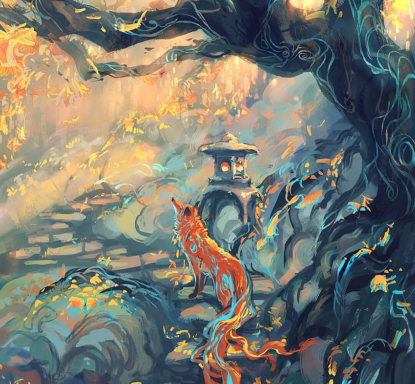 สุนัขจิ้งจอก ส้ม เหวินชิงเหยียน สีน้ำเงิน ศิลปะ vulpe ต้นไม้ yuumei เพ้อฝัน ฤดูใบไม้ร่วง luminos toamna วอลล์เปเปอร์ HD