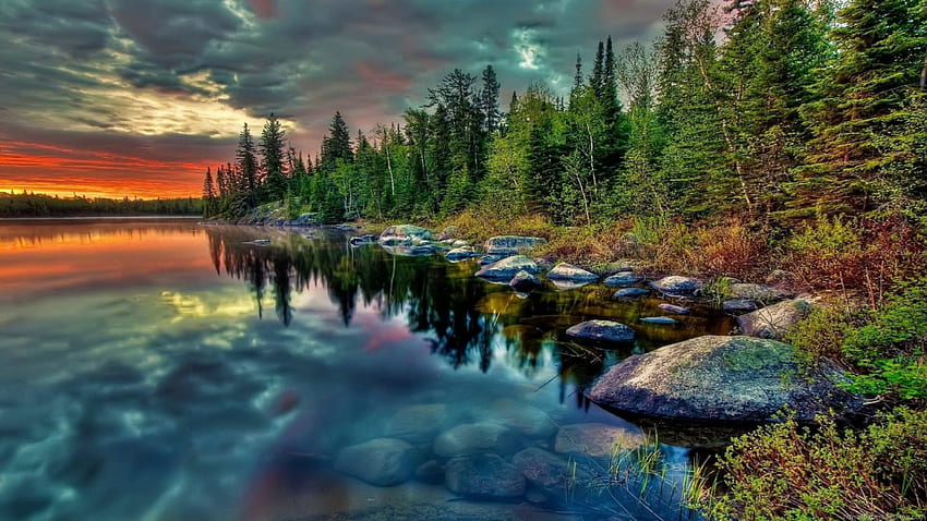 Rock Edge, blue, bunch, orange, lake, rock, reflection, green, clouds, trees, nature, sky, water, forest, sunset HD wallpaper
