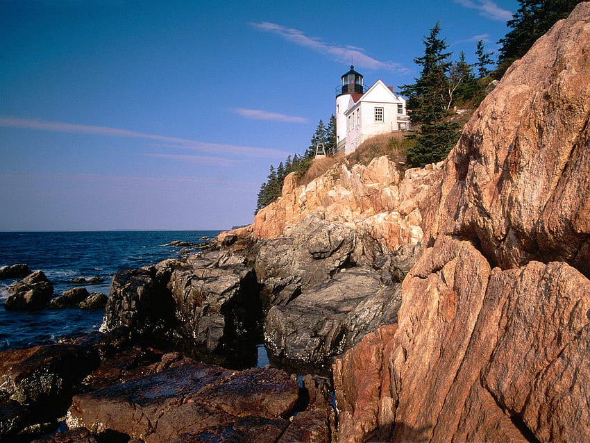 Nature, Sea, Rocks, Lighthouse, National Park, Acadia HD wallpaper
