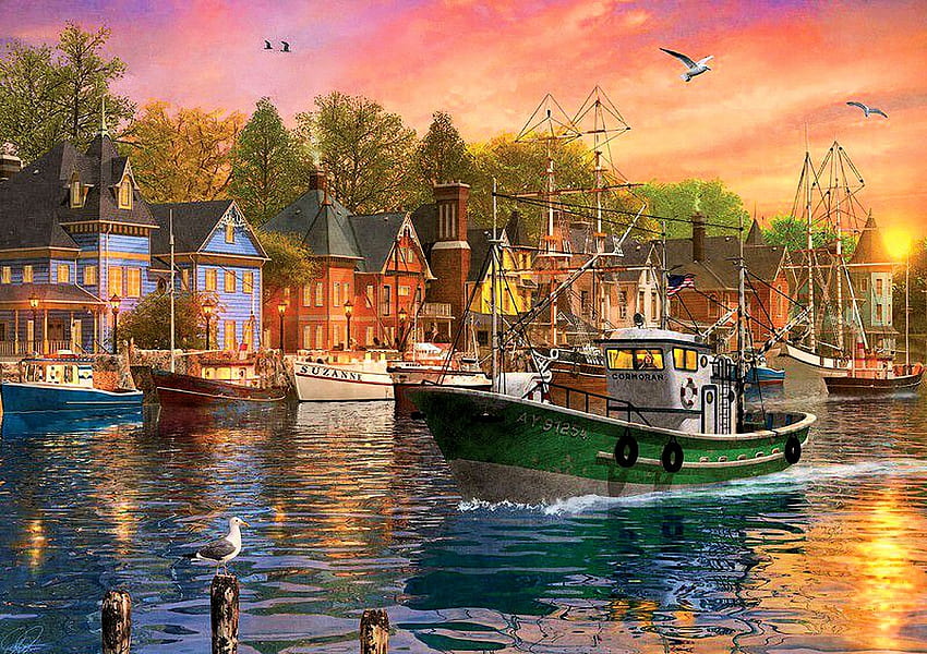 Port Zachód słońca, rzeka, ptaki, statek, miasto, domy, dzieło sztuki, malarstwo, łodzie, zachód słońca Tapeta HD