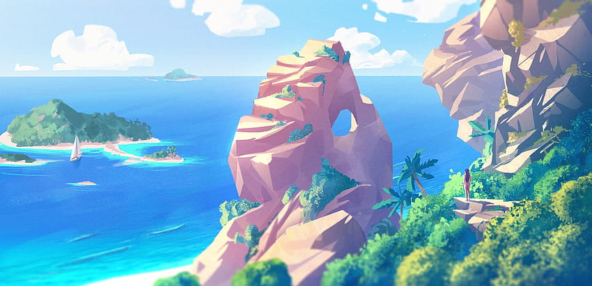 Island Near Ocean Cartoon, Artwork, Digital Art • For You For & Mobile, Minimalist Island HD wallpaper
