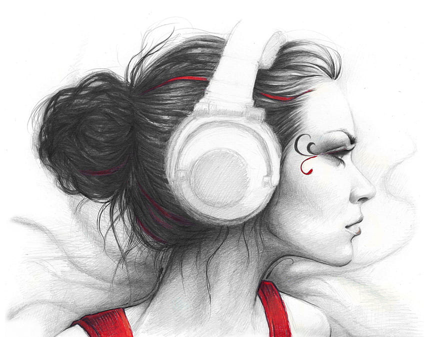 ILLUSTRATION BW/RED, music, art, illustration, woman, duotone HD wallpaper