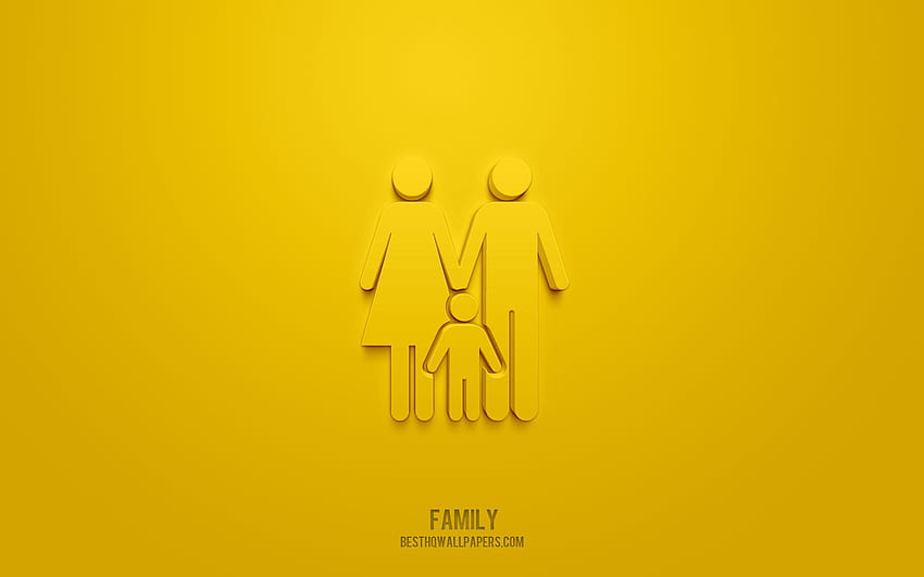 Icône 3D de famille, fond jaune, symboles 3D, famille, icônes de personnes, icônes 3D, signe de famille, icônes 3D de personnes pour avec résolution. Haute qualité Fond d'écran HD