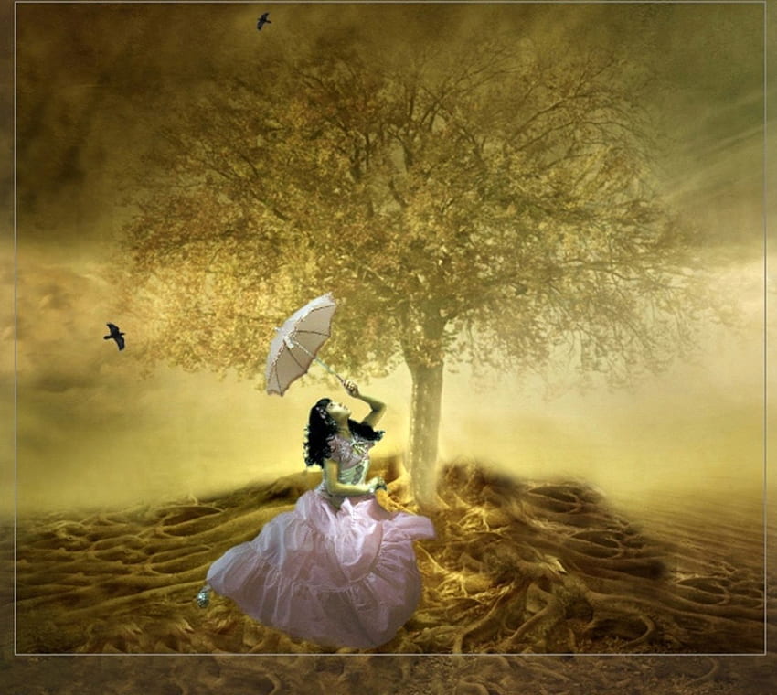Fantasy Land - Girl with a parasol, parasol, girl, fantasy, land HD wallpaper