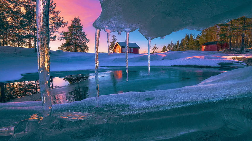 リンゲリケ、ノルウェー、つらら、雪、木々、空、夕日、氷、キャビン 高画質の壁紙