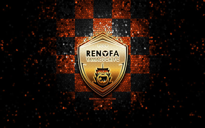 Renofa Yamaguchi FC, блестящо лого, J2 League, оранжево черен кариран фон, футбол, японски футболен клуб, лого на Renofa Yamaguchi, мозаечно изкуство, футбол, Renofa Yamaguchi HD тапет