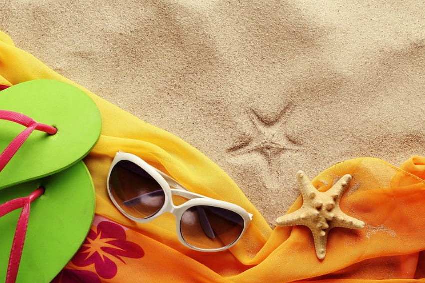 Summer Vacation, starfish, summer, accessories, sand, vacation, beach HD wallpaper