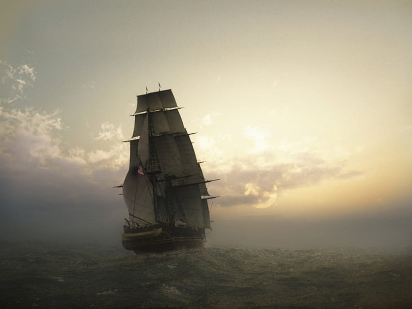 Ancient boat, sea, sky, sailboat HD wallpaper