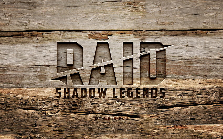 Logo kayu Raid Shadow Legends, latar belakang kayu, merek game, logo Raid Shadow Legends, kreatif, logo Raid, ukiran kayu, Raid Shadow Legends Wallpaper HD