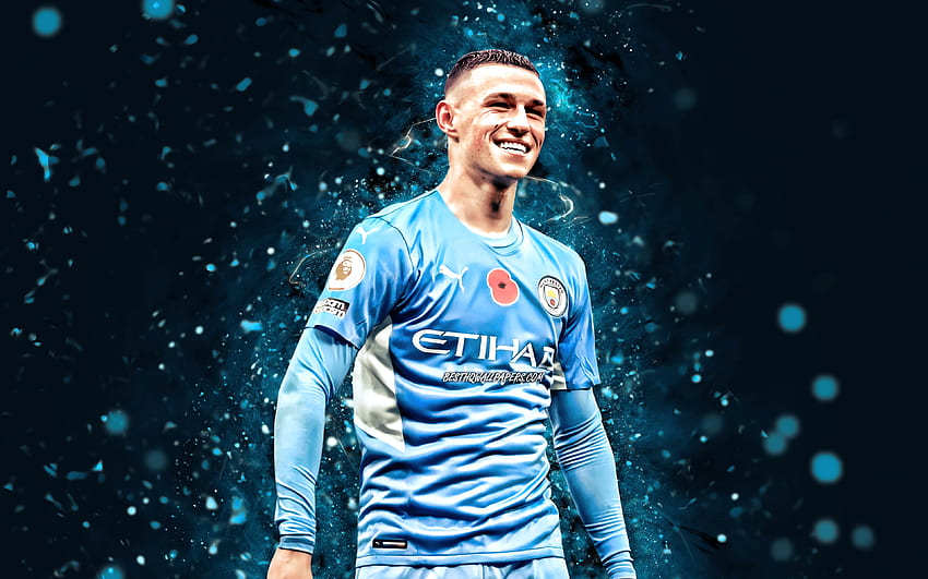 Phil Foden, , 2021, นักฟุตบอลอังกฤษ, Manchester City FC, Premier League, Phil Walter Foden, แสงนีออนสีน้ำเงิน, ฟุตบอล, Phil Foden , Man City, Phil Foden Manchester City วอลล์เปเปอร์ HD