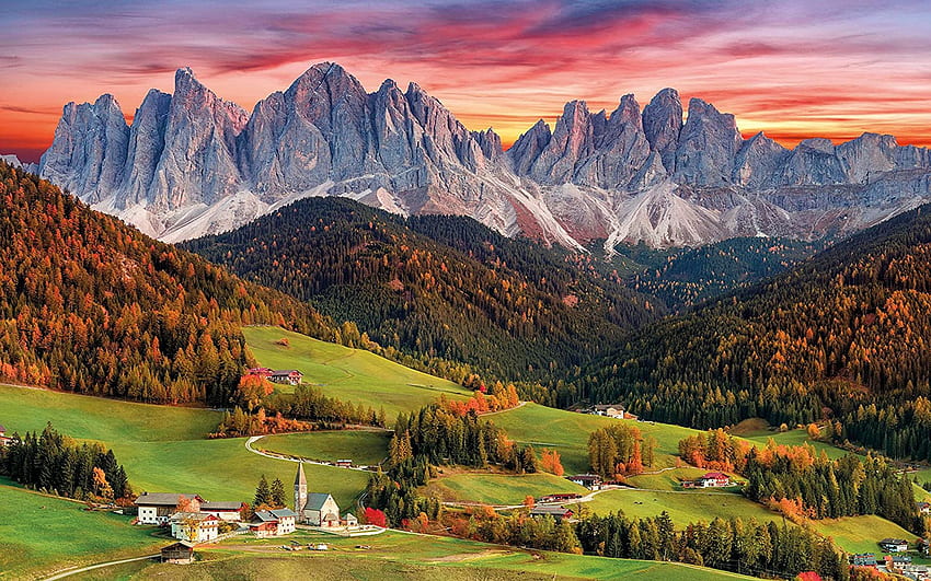 Val de Funes, Dolomites, İtalya, köy, zirveler, güney tirol, ağaçlar, gökyüzü, alpler, gün batımı HD duvar kağıdı