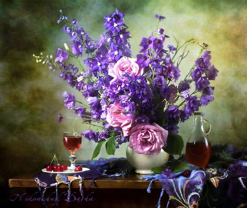 Simple things, blue, table, iris, pink, bouquet, roses, vase, wine HD wallpaper