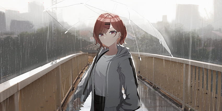 Regen, Anime-Mädchen, Rotschopf, Regenschirm HD-Hintergrundbild