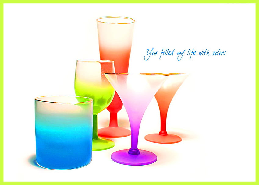 You color my life, blue, variety, drinks, orange, purple, pink, green, yellow, red, glasses HD wallpaper
