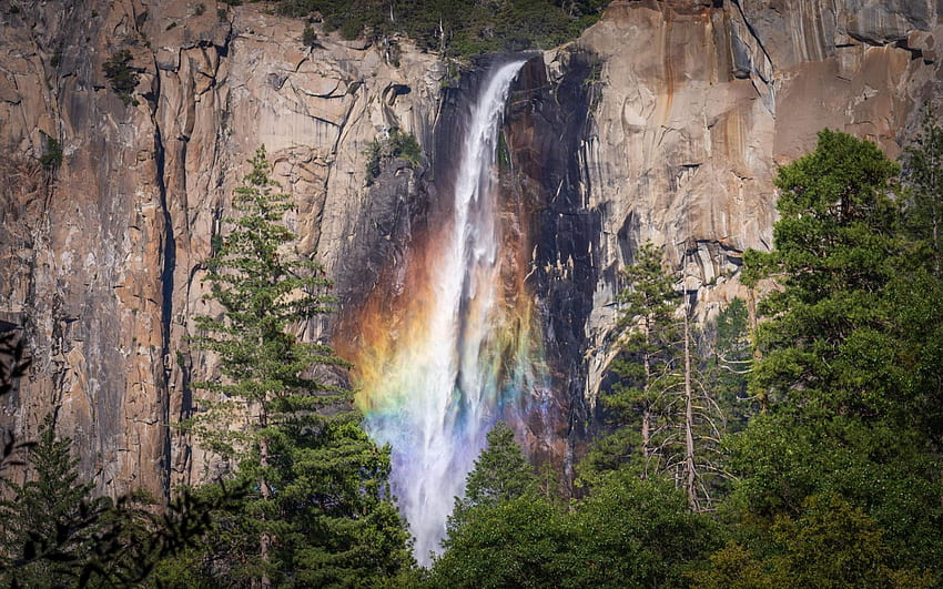 When the sun hits waterfall mist at just the right angle, it can create a brilliant rainbow - Yosemite NP, california, rocks, usa, river, trees, cascade HD wallpaper
