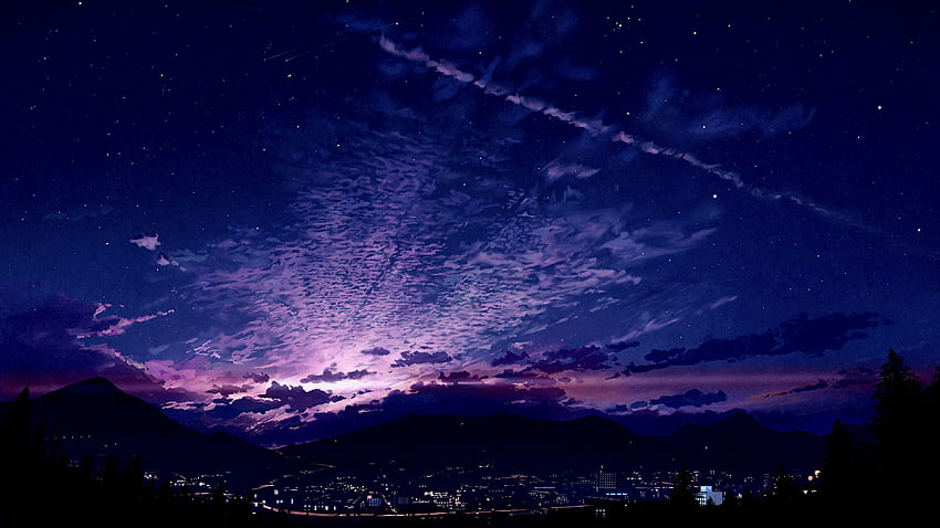 Anime Pemandangan Langit Kota Matahari Terbit, Langit Anime Ungu Wallpaper HD