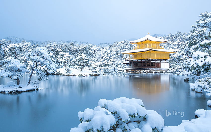 Kışın Kinkakuji tapınağı, Kyoto, Japonya - Bing, Kar Japonya HD duvar kağıdı