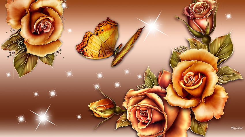 Gradient Tag - Butterfly Gold Shine Glow Roses Bronze Gradient Beautirful Golden Lovely Nice Flower Fond d'écran HD