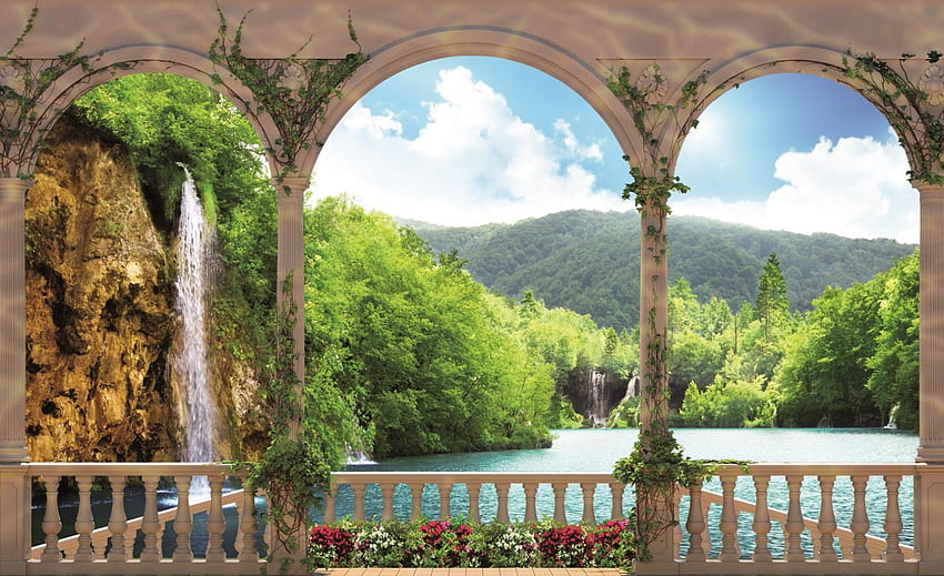 Сцена от моя балкон, водопад, зеленина, природа цветя, балкон, тускон, красота, планина HD тапет