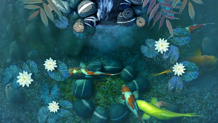 鯉の池 - 滝の 3D スクリーンセーバー & ライブ, 日本の魚のいる池 高画質の壁紙