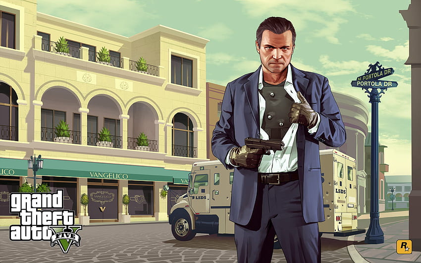 Grand Theft Auto V Michael and background, GTA 5 Michael Franklin Trevor HD wallpaper