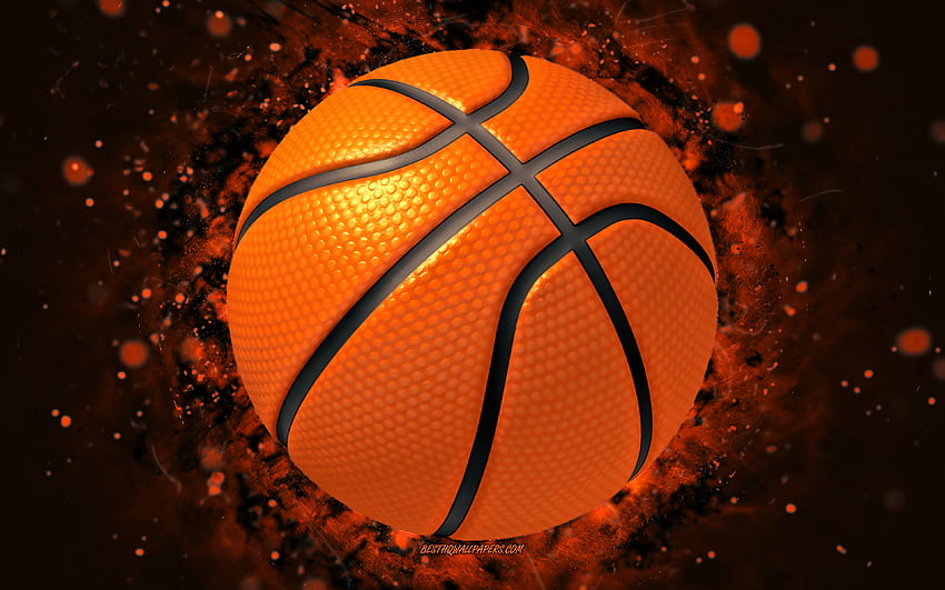 bola basket,, lampu neon oranye, kreatif, latar belakang olahraga, bola basket abstrak dengan resolusi . Kualitas Tinggi, Bola Basket Wallpaper HD