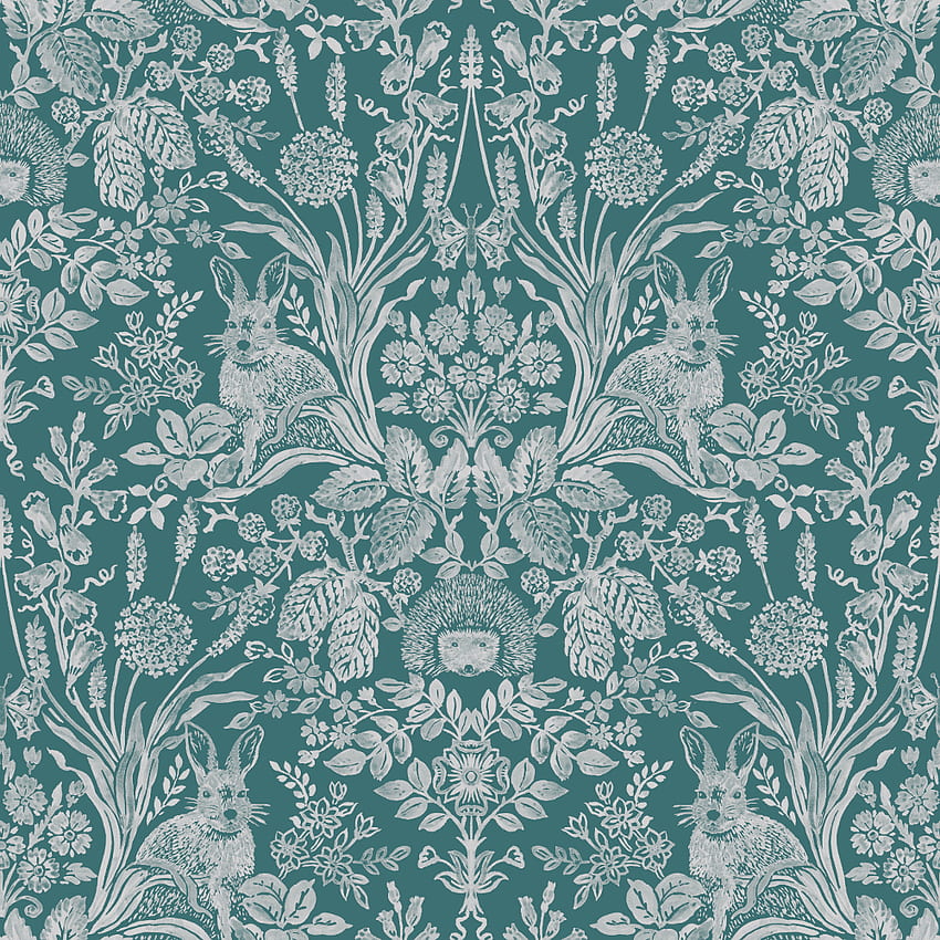 Holden Décor Harlen Damask Woodland Hand Painted Style Animals Flowers Leaves 90805, Green Damask HD phone wallpaper