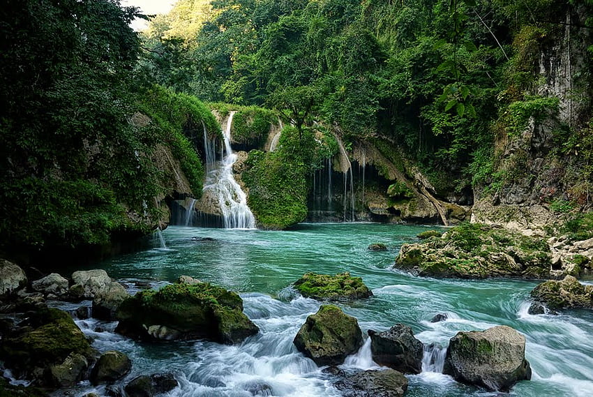 Kleiner Wasserfall, Fluss, Wasserfall, Himmel, Natur, Wald, Baum HD-Hintergrundbild