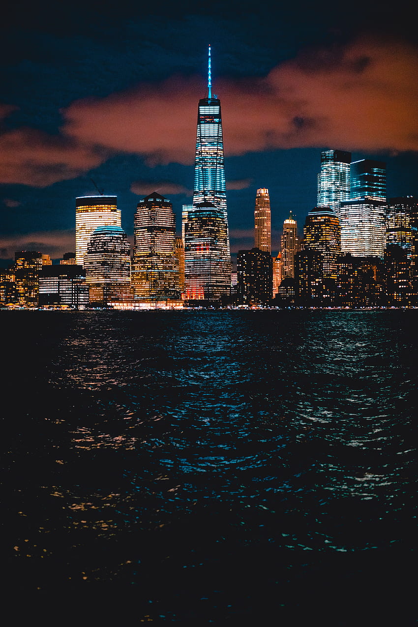 도시, 밤, 미국, 해안, 은행, 고층 빌딩, 미국, 뉴욕 HD 전화 배경 화면