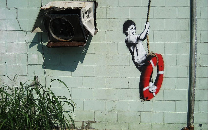 Banksy Tire Swing, arte, graffiti, pneumatico, Banksy, swing Sfondo HD