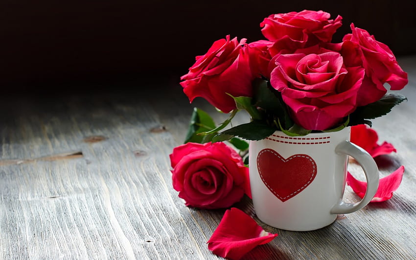 Joyeuse Saint-Valentin!, Saint-Valentin, rose, blanc, bouquet, fleur, rouge, tasse, coeur Fond d'écran HD
